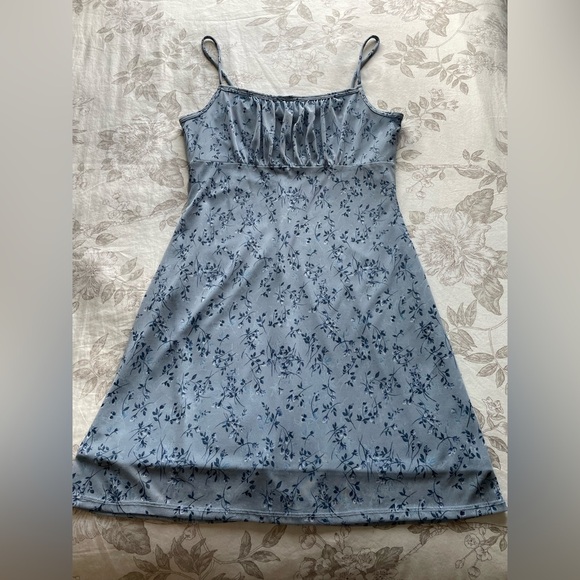 Y2K Blue Ditsy Floral Printed Mesh Overlay Babydoll Mini Slip Dress Large Fairy - Picture 1 of 9
